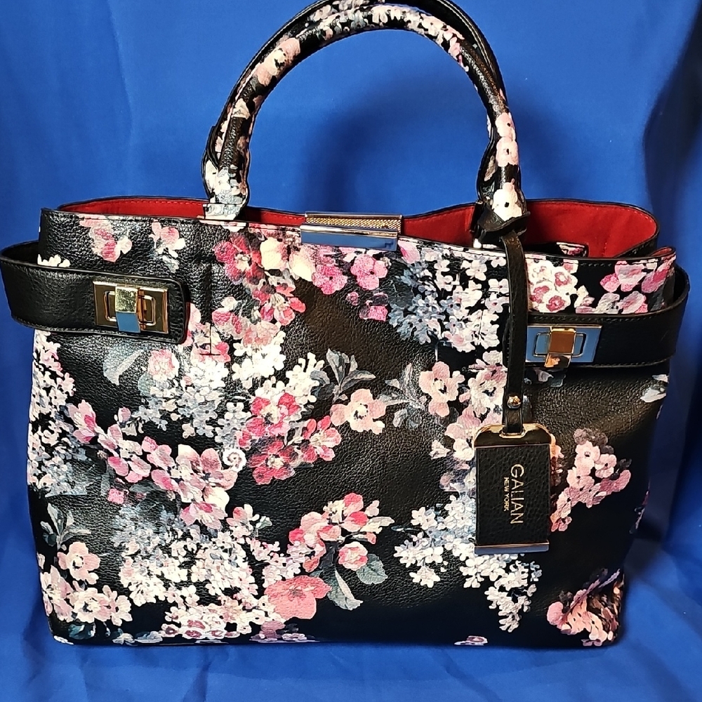 Vintage, New Galian New York Floral Leather Handbag with Gold